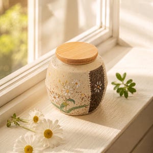 Small Floral Pet Urn, Ceramic Keepsake for Cat & Dog Ashes, Daisy Design with Wooden Lid, Rustic Memorial Gift for Pet Loss