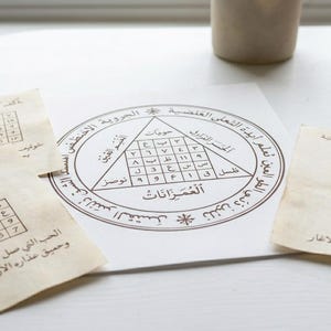 Puede incluir: Una colección de papeles impresos con intrincados diseños geométricos y escritura árabe. La pieza central presenta un borde circular con texto y un triángulo que contiene números. Papeles adicionales más pequeños con patrones similares están dispersos.