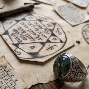 Pode incluir: Um anel de prata com uma pedra oval verde contendo flocos de ouro repousa sobre papel envelhecido com texto hebraico e desenhos geométricos. O anel tem uma faixa gravada com mais escrita e padrões hebraicos.
