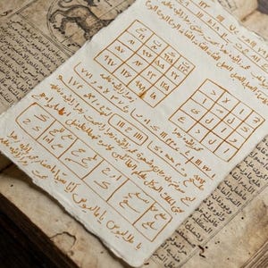 Pode incluir: Um livro antigo aberto com texto manuscrito e uma sobreposição de papel pergaminho. O papel tem uma grade de números e símbolos, com mais texto em uma escrita. As páginas do livro são envelhecidas e desgastadas, com texto e ilustrações visíveis.