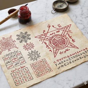 Può includere: Carta pergamena invecchiata con intricati disegni geometrici rossi e neri e testo. L'opera d'arte include figure a forma di stella, quadrati con numeri e calligrafia. Sono visibili un piccolo calamaio e una penna.