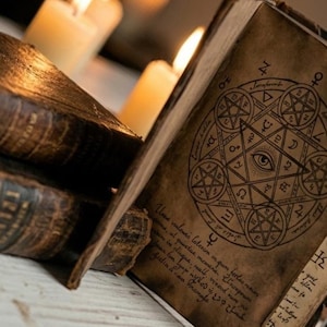 Könnte beinhalten: Ein aufgeschlagenes, altes Buch mit einem detaillierten Pentagramm und Augensymbol auf dem Einband. Die Seiten zeigen handschriftlichen Text. Angezündete Kerzen im Hintergrund erzeugen eine mystische Atmosphäre, die auf Magie oder Okkultismus hindeutet.