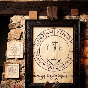 May include: A framed parchment with a circular design and symbols, displayed on a stone wall. Additional square wooden blocks and parchment sheets with intricate patterns are also visible, creating a mystical theme.