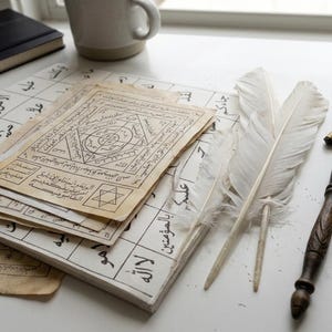 Pode incluir: Uma pilha de papel envelhecido com intrincados desenhos geométricos e texto manuscrito, juntamente com duas penas brancas e uma caneta de madeira. Os papéis têm uma estética vintage, sugerindo um tema histórico ou místico.