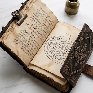 May include: An open, antique-style book with aged, yellowed pages. The book is bound in dark brown leather with metal clasps and a decorative cover. The pages feature handwritten text and a geometric illustration, suggesting a historical or mystical theme.