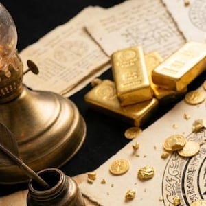 Peut inclure: Nature morte avec lingots d'or, pièces et pépites sur du papier vieilli. Une lampe à huile vintage et un encrier avec une plume sont également présents. La scène évoque la richesse et l'exploration historique.