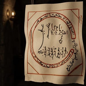 Può includere: Un foglio di carta pergamena con calligrafia araba in inchiostro nero e dettagli rossi. Il testo è disposto in un motivo circolare con un disegno centrale. La carta è sospesa su uno sfondo scuro.