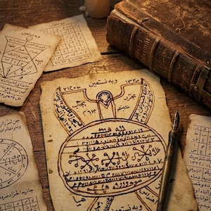 Könnte beinhalten: Auf einer Holzoberfläche liegen ein altes, ledergebundenes Buch und mehrere antike Pergamentpapiere mit komplizierter Kalligraphie und geometrischen Mustern. Eine brennende Kerze und eine alte Feder runden die Szene ab und erwecken ein Gefühl von Geschichte und Mystik.