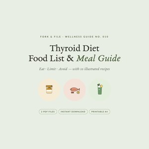 May include: A pale green digital document titled Thyroid Diet Food List & Meal Guide, Fork & File Wellness Guide No. 010. It includes the text Eat, Limit, Avoid, with 10 illustrated recipes, 2 PDF files, instant download, and printable A4.