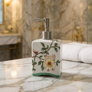 May include: A white ceramic soap dispenser with a stainless steel pump. The dispenser features a floral and butterfly design in cream, green, and pink. The base has a green trim.