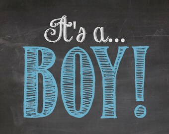 It's a boy gender announcement reveal blue chalkboard poster sign file printable