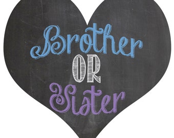 Brother or Sister sibling reveal balloon box sign chalkboard printable digital file BLUE and PURPLE