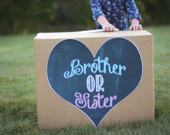 Brother or Sister gender sibling reveal balloon box sign chalkboard printable digital file