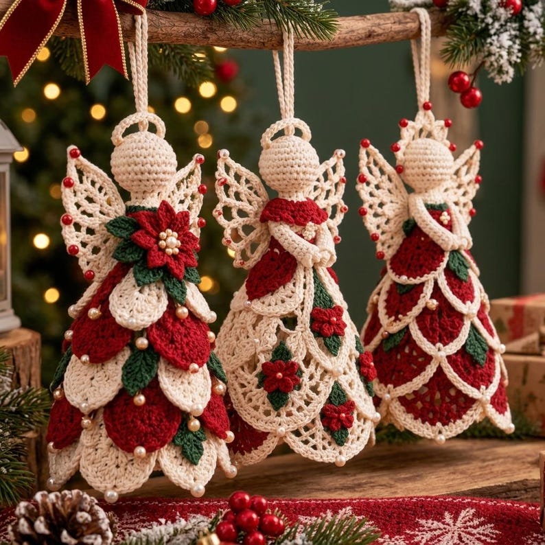 May include: Three handmade crochet angel ornaments hanging from a branch. Each angel features cream-colored yarn bodies with red and green floral accents, intricate lace-like wings, and small white pearl beads integrated into the textured design.