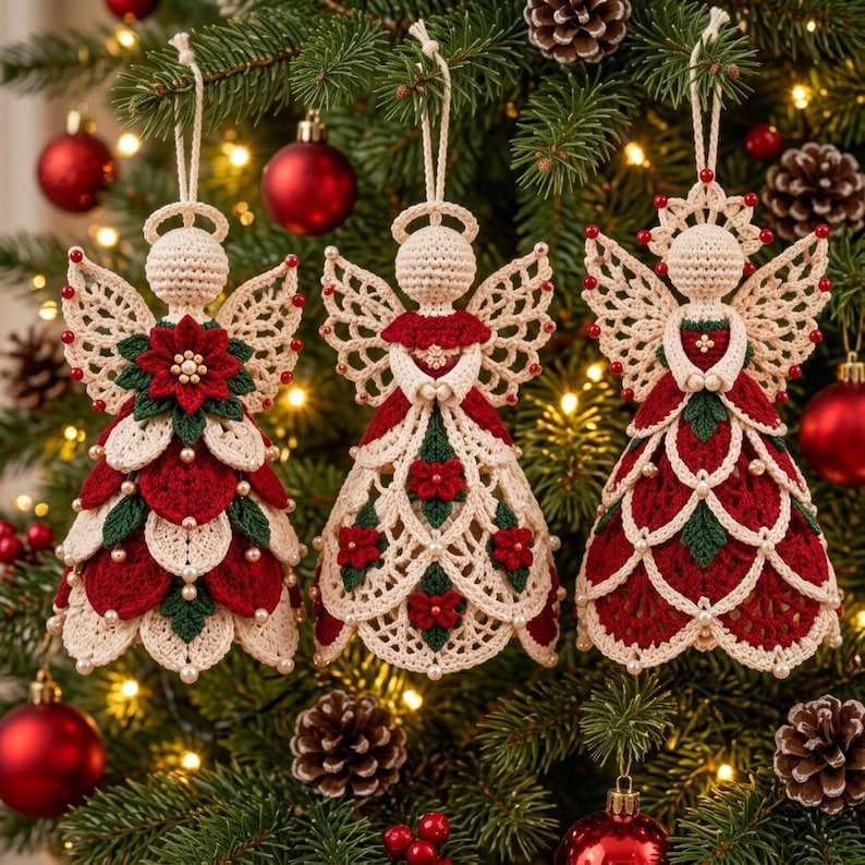May include: Three handcrafted crochet angel ornaments in cream, red, and green yarn. Each angel features intricate lace wings, a round head, and a layered skirt adorned with small white beads and floral motifs, suspended by a white string.