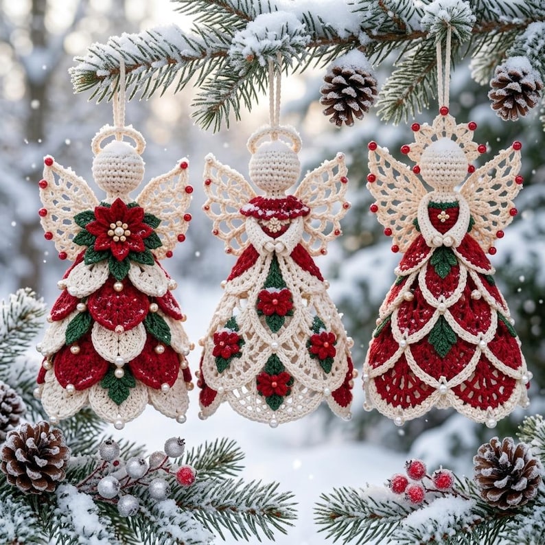 May include: Three crocheted angel ornaments hanging from a snowy pine branch. Each angel features intricate cream, red, and green yarn work with small white beads, detailed wing patterns, and floral accents, suspended by loops against a winter background.