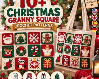 May include: A crochet pattern collection titled 10+ Christmas Granny Square Crochet Patterns, featuring a beige tote bag decorated with twelve square motifs including Santa, a tree, snowflake, gingerbread man, reindeer, wreath, candy cane, angel, stocking, penguin, ornament, and gift.