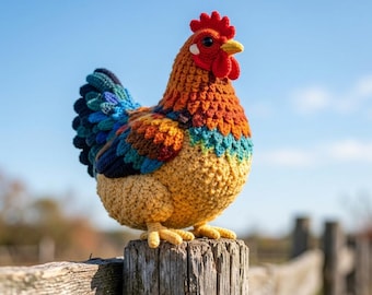 May include: A handcrafted crochet chicken figurine featuring a vibrant color palette of orange, yellow, and blue yarn. The bird has a bright red comb and wattle, a yellow beak, and dark eyes, with detailed textured stitching throughout its body.