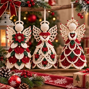 May include: Three handmade crochet angel ornaments hanging from a branch. Each angel features a cream-colored head with a halo, intricate lace wings, and a layered dress in red, green, and cream yarn, accented with small white beads.