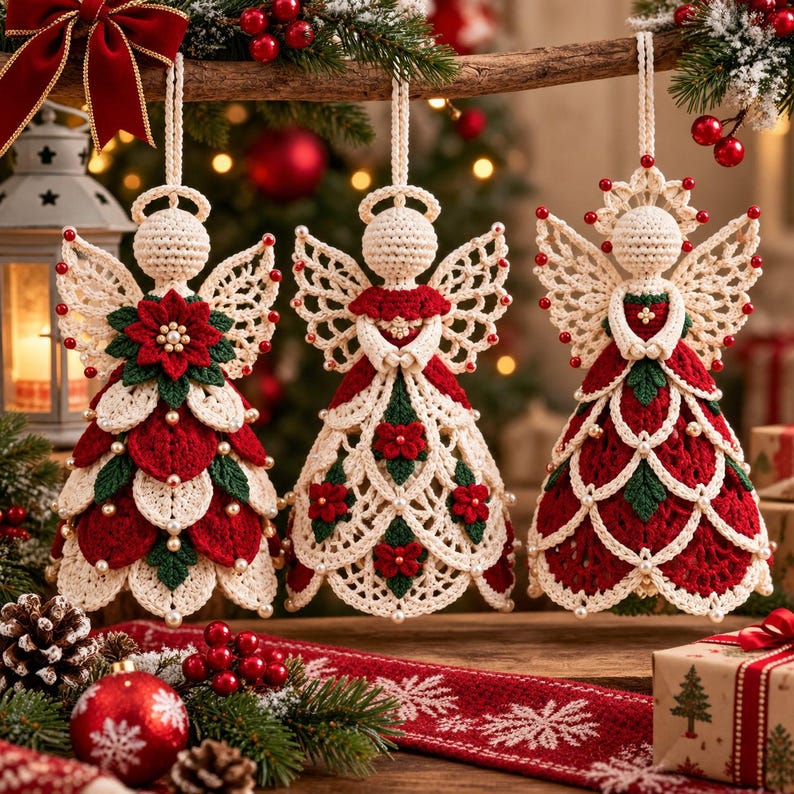 May include: Three crocheted angel ornaments hanging from a branch. Each angel features cream-colored yarn bodies, intricate lace wings, and red and green floral accents. The figures are adorned with small white beads and red berries.