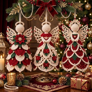 May include: Three crocheted angel ornaments in cream, red, and green yarn. Each angel features intricate lace-like wings, a halo, and a dress adorned with floral motifs and small pearl-like beads. The figures are suspended from a decorative stand.