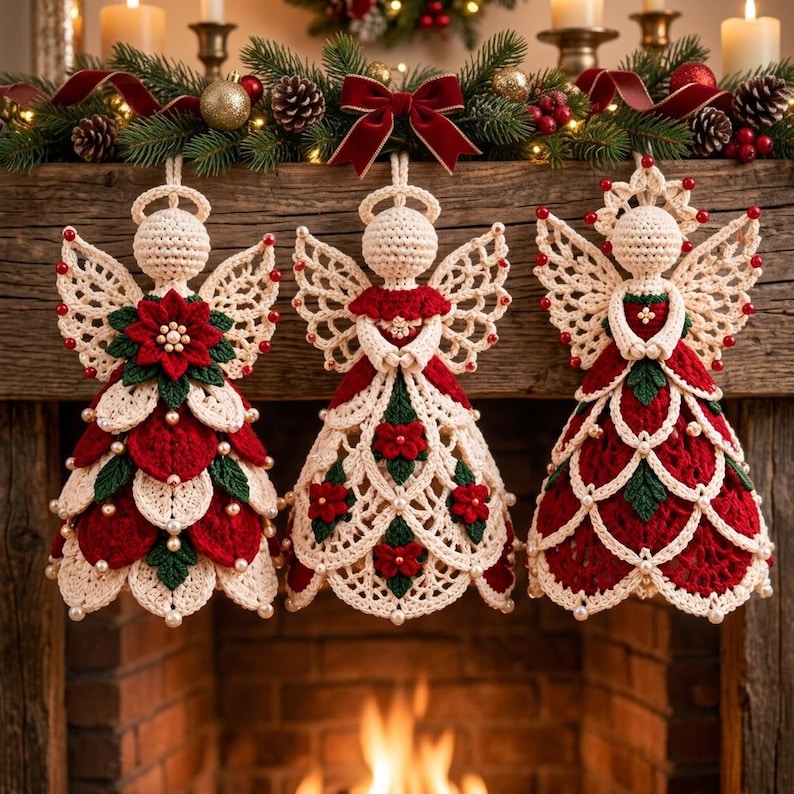 May include: Three crocheted angel ornaments featuring cream-colored yarn bodies with intricate lace wings, red and green floral accents, and small white pearl beads. Each angel has a halo and is suspended by a loop, showcasing detailed needlework.