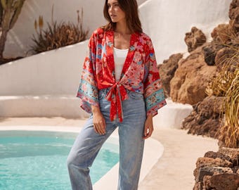 Boho Blumen Kimono Top, Vintage Pfau Druck, Krawatte vorne Fledermaus Strickjacke, Strand Abdeckung Up, Sommer Festival Outfit Frauen