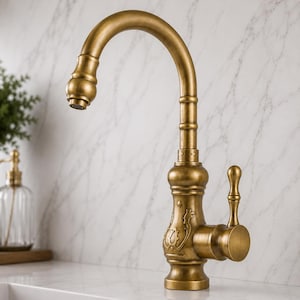 Può includere: Un rubinetto da cucina a collo alto con finitura in ottone antico spazzolato. Il rubinetto presenta una bocca curva, una leva laterale singola e dettagli decorativi in rilievo sulla base, offrendo un aspetto metallico distintivo.