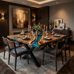 May include: A square dining table with a natural wood grain surface and a central blue resin river inlay, supported by black metal legs. The table is set with plates, glassware, and candles, surrounded by eight dark wood chairs with gray cushions.