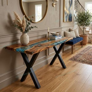 Metallic blauwe epoxy consoletafel, acaciahouten banktafel, luxe handgemaakte halmeubels