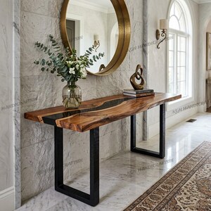 Table console de luxe en époxy noir - Table d'entrée en bois d'acacia naturel - Meubles faits main sur mesure