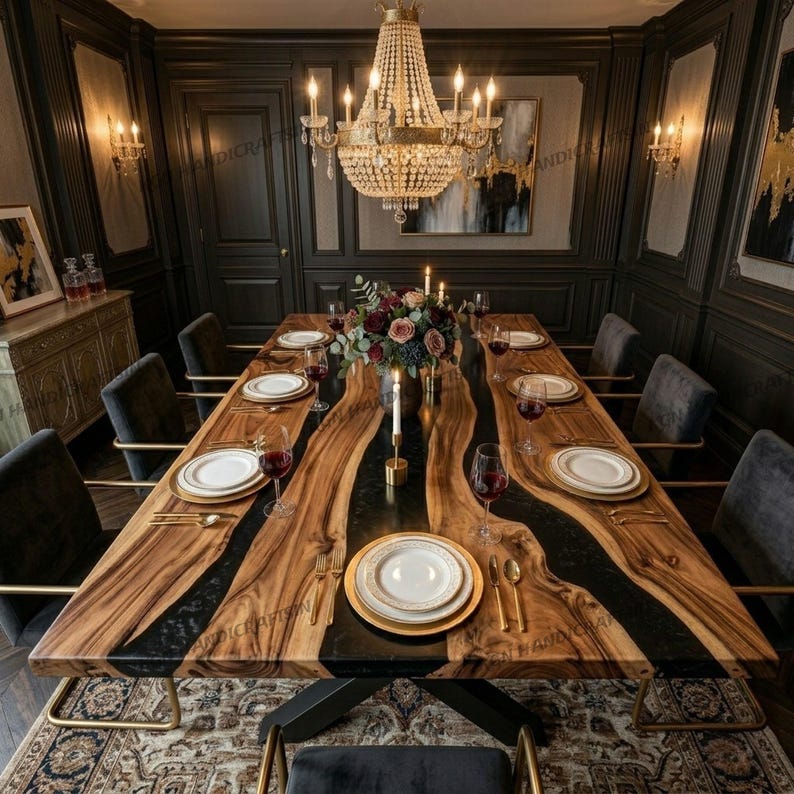 May include: A long, rectangular dining table with a live edge design. The table has a dark wood grain with a black epoxy river. It is set with white plates, gold cutlery, and wine glasses. A crystal chandelier hangs above the table.