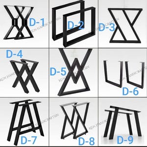 May include: A selection of nine black metal table leg designs are shown. The legs come in various shapes, such as X-shaped, U-shaped, and rectangular frames. Each design is labelled with a "D" followed by a number.