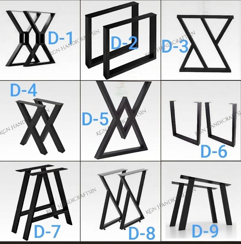 May include: A selection of nine black metal table leg designs are shown. The legs come in various shapes, such as X-shaped, U-shaped, and rectangular frames. Each design is labelled with a "D" followed by a number.