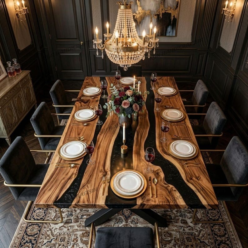 May include: A large dining table with a live edge wooden design and black resin inlay. The table is set with white plates, gold cutlery, and wine glasses. The room features a chandelier and dark grey chairs.
