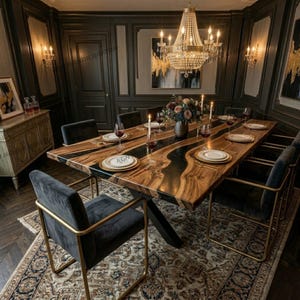 May include: A dining room with a large wooden table featuring a black resin river design. The table is set with plates, glasses, and silverware. Velvet chairs with gold frames surround the table. A chandelier hangs above, illuminating the room.