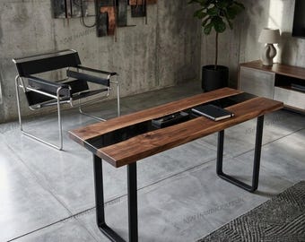 Black Epoxy Console Table, Natural Acacia Wood Entryway Table, Custom Made to Order