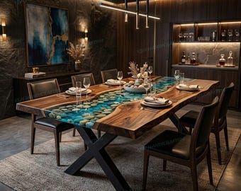 Blue Epoxy River Stone Dining Table, Live Edge Acacia Wood, Handmade Custom Dining Furniture