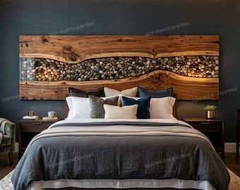 Cabecero de madera de acacia con resina epoxi transparente, cabecero hecho a medida, muebles de dormitorio de lujo.