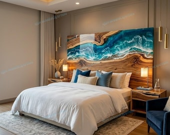 Luxury Ocean Blue Epoxy Headboard, Solid Acacia Wood, Bedroom Furniture, Custom Made To Order