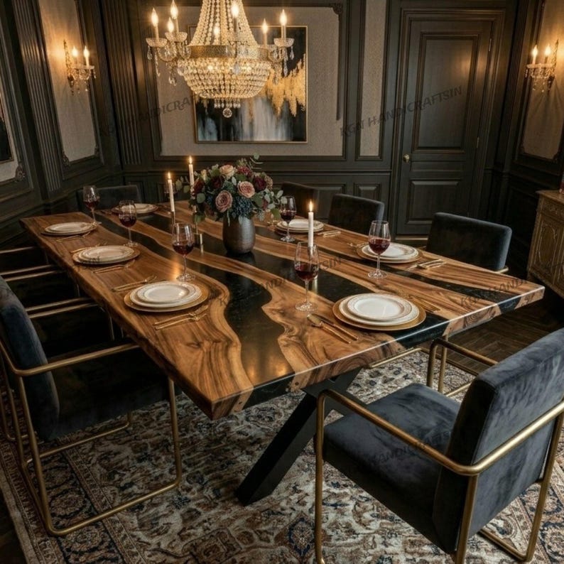 May include: A long, rectangular wooden dining table with a black epoxy river design. The table is set with plates, cutlery, and wine glasses. Dark grey velvet chairs with gold frames surround the table. A chandelier hangs above.