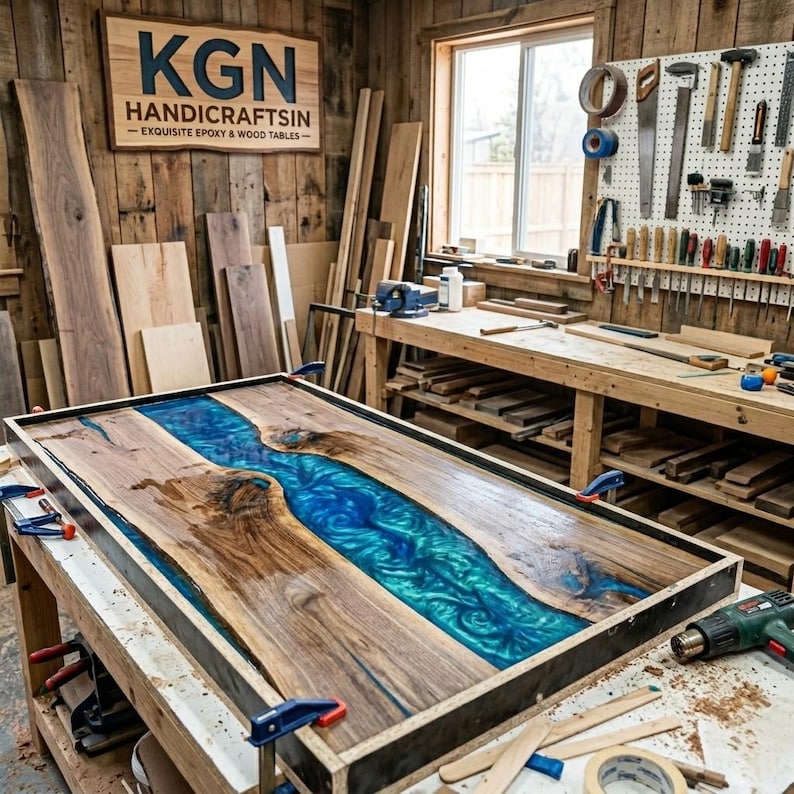 May include: A rectangular wooden table with a vibrant blue epoxy river running through the centre. The table is in a workshop setting, with clamps securing the frame. The sign above reads "KGN HANDICRAFTSIN - EXQUISITE EPOXY & WOOD TABLES."