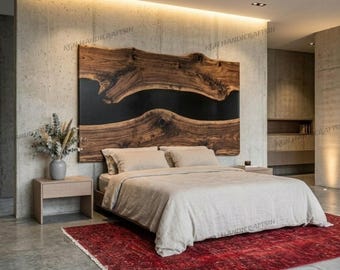 Custom Live Edge Black Epoxy Headboard, Solid Acacia Wood, Handmade Furniture, Made to Order