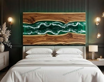 Cabecero de madera de acacia con resina epoxi verde océano, respaldo de cama hecho a mano, muebles hechos a medida.