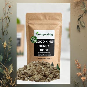 Puede incluir: Una bolsa de papel marrón etiquetada como forestgoodsbg que contiene raíz de Good King Henry, también conocida como Chenopodium bonus-henricus. La etiqueta incluye un sello 100% natural y el texto Premium Grade. Raíz seca picada al frente.