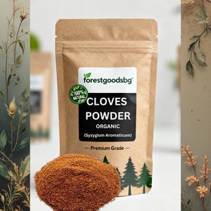 May include: A brown paper pouch of organic cloves powder with a white label featuring the text forestgoodsb, CLOVES POWDER, ORGANIC, Syzygium Aromaticum, and Premium Grade. A pile of finely ground brown clove powder sits in front of the pouch.
