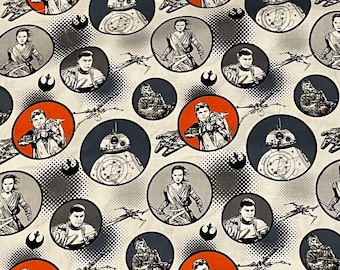 May include: A white fabric with a repeating pattern of Star Wars characters and symbols. The characters include Rey, Finn, and BB-8. The symbols include the Rebel Alliance symbol and the Imperial symbol.