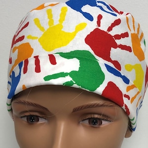 Colorful Kids Hand Prints Scrub Hat - Adjustable, Fold Up