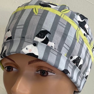 Panda Bears and Bamboo.  Adjustable, Fold Up Scrub Hat
