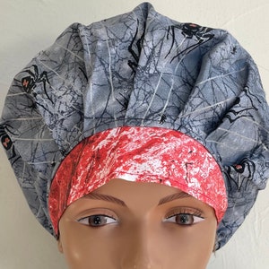 Black Spider with Red Hearts - Bouffant Scrub Hat with Matching Badge Reel Option